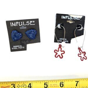 Retro 80's Blue Metal Heart Post Earrings and Red Metal Flower Dangle Earrings